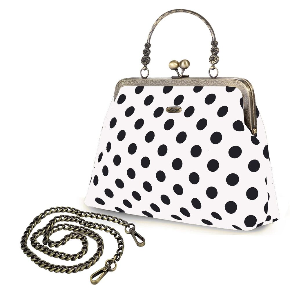 2577 Clutch Purses Vintage 1950s Polka Canvas Kiss Lock Evening Bag Chain